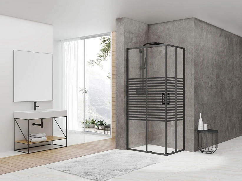 Box Doccia Angolare Arek 80x100 H190 Porte Scorrevoli Cristallo 6 Mm Trasparente Serigrafato Nero Opaco 1 Box Doccia Angolare Arek 80x100 H190 Porte Scorrevoli Cristallo 6 Mm Trasparente Serigrafato Nero Opaco