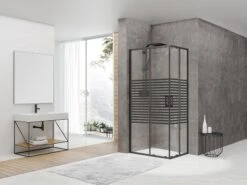 Box Doccia Angolare Arek 70x90 H190 Porte Scorrevoli Cristallo 6 Mm Trasparente Serigrafato Nero Opaco