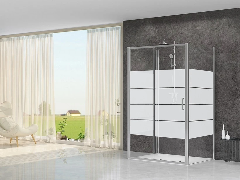 Box Doccia Arek 70x100x70 H190 Porta Scorrevole E 2 Lati Fissi Cristallo 6 Mm Trasparente Serigrafato Cromo 1 Box Doccia Arek 70x100x70 H190 Porta Scorrevole E 2 Lati Fissi Cristallo 6 Mm Trasparente Serigrafato Cromo