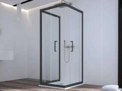 Box Doccia Zen 90x90x90 H190,4 2 Porte Scorrevoli E Lato Fisso Cristallo 6 Mm Trasparente Nero Opaco